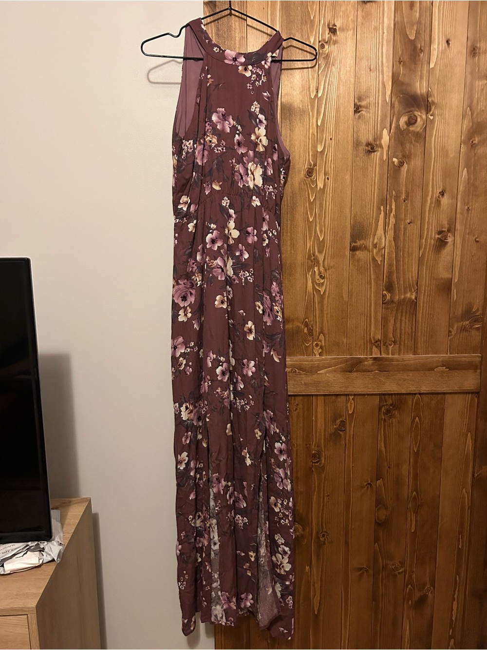 Floral Maxi plum halter neck lined women small w/slits front dress